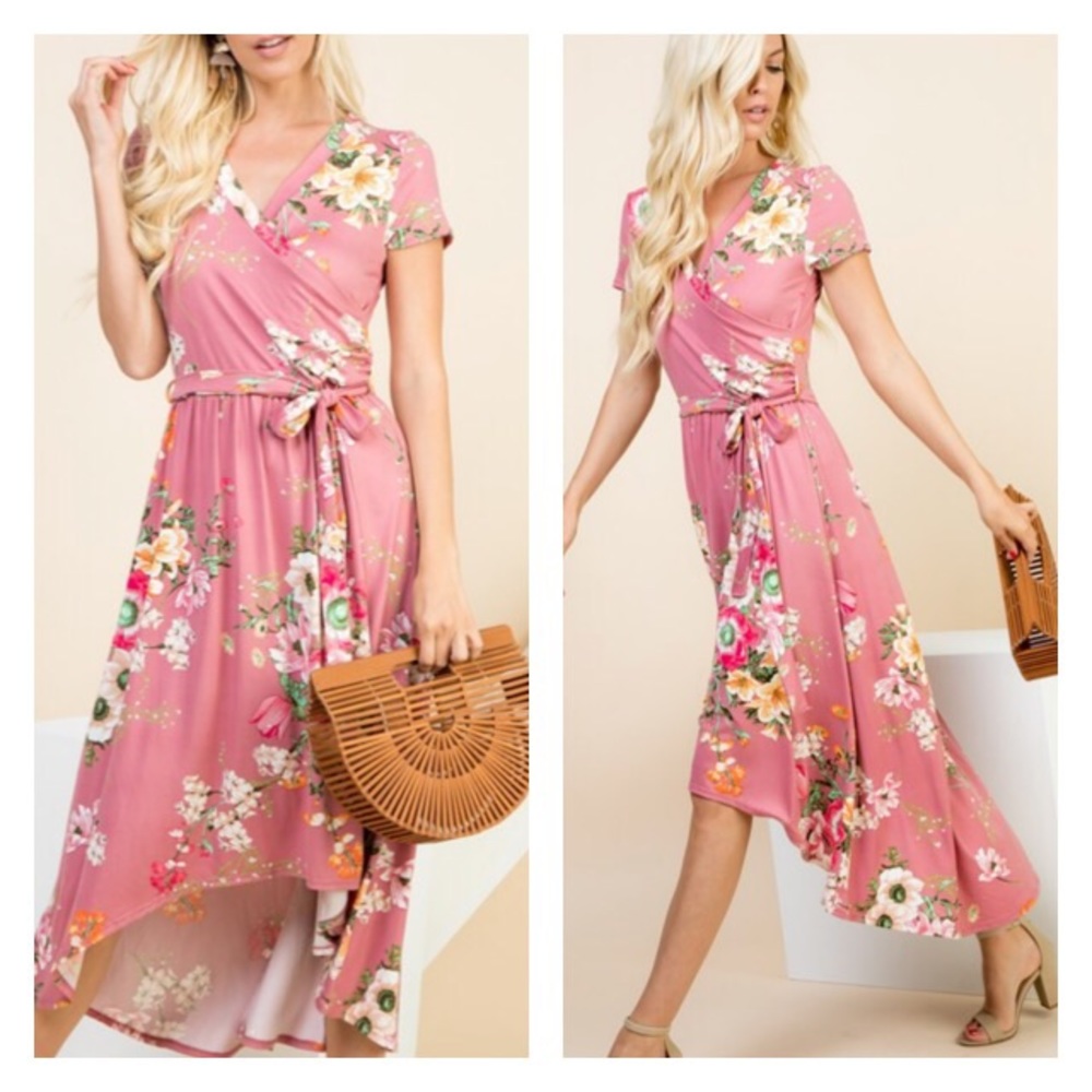 Blush Floral Wrap High Low Dress